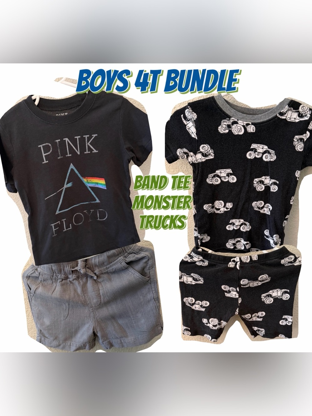 Boys 4T Summer 4 Piece Bundle Band Shirt, Shorts & Monster Truck Pajamas